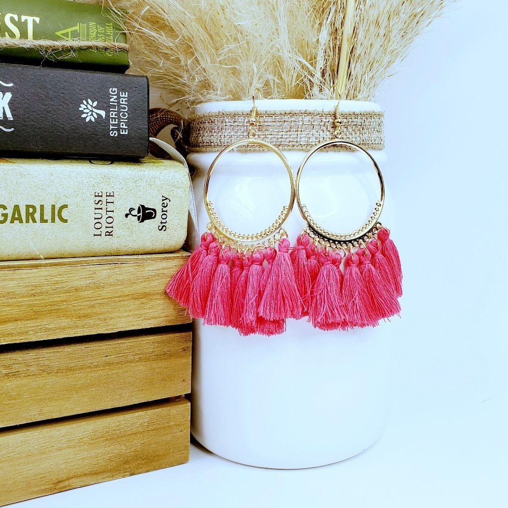 NWT Hot Pink Bohemian Cotton Tassle Hoop Earrings